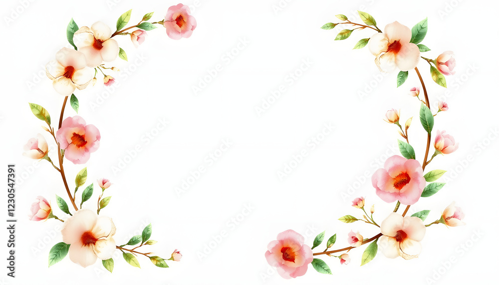 Fototapeta premium Watercolor floral wreath and bouquet frame illustration with cotton balls peach color, white, pink, vivid flowers, green leaves, for wedding stationary, greetings, wallpapers, background isolated w
