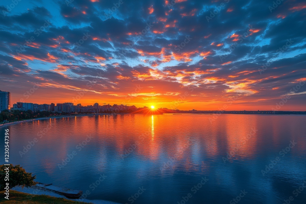 Naklejka premium Dramatic Sunset Over City Skyline