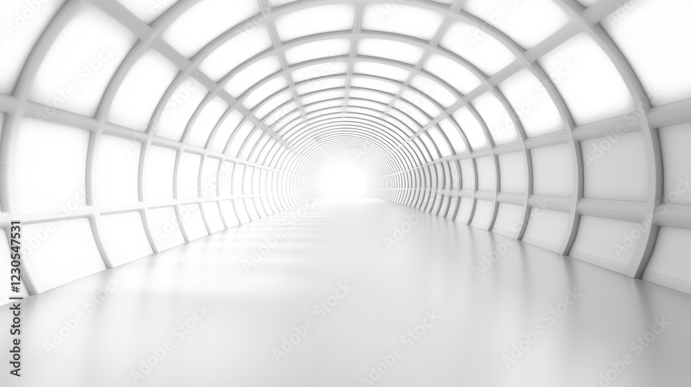 Bright light at the end of a futuristic tunnel with grid-like ceiling, floor and walls, creating a perspective with fisheye effect in a minimalist and neon style Bright light at the end of a futuristic tunnel with grid-like ceiling, floor and walls, creating a perspective with fisheye effect in a minimalist and neon style