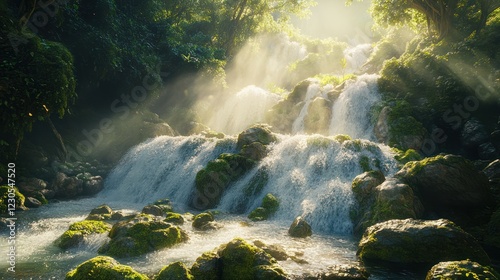 Sunlit jungle waterfall cascading over rocks