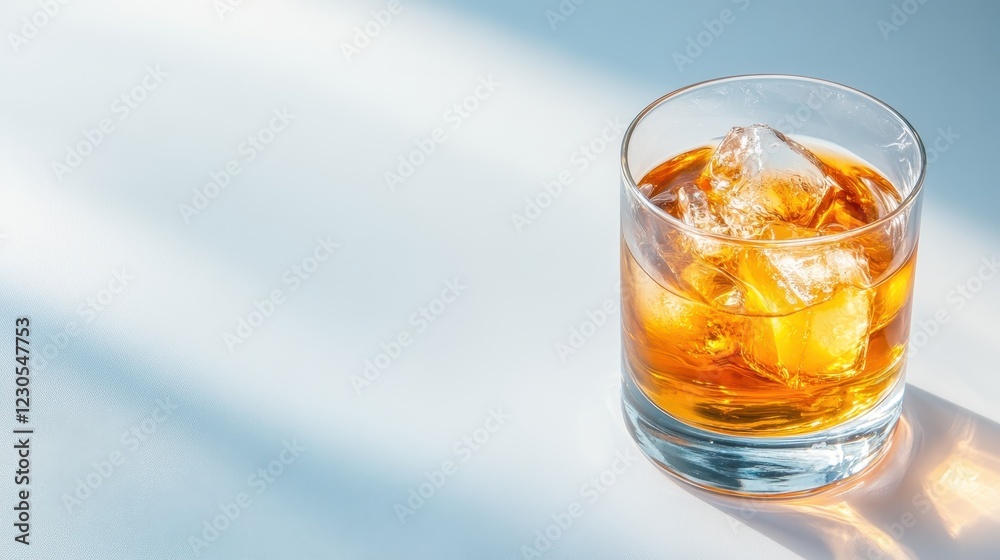 A well-crafted glass of whiskey resting on a smooth surface, featuring glistening ice cubes that reflect the sunlight, creating a warm and inviting scene. A well-crafted glass of whiskey resting on a smooth surface, featuring glistening ice cubes that reflect the sunlight, creating a warm and inviting scene.