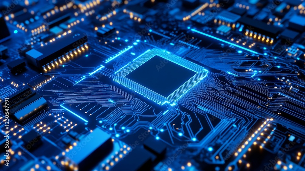 Close-up view of a futuristic microchip on a circuit board illuminated by blue light, showcasing technology Close-up view of a futuristic microchip on a circuit board illuminated by blue light, showcasing technology