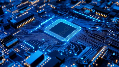 Wallpaper Mural Close-up view of a futuristic microchip on a circuit board illuminated by blue light, showcasing technology Torontodigital.ca