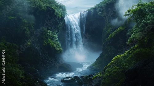 Majestic waterfall cascading down mossy cliffs, mist swirling, serene river below. Nature photography for travel brochures