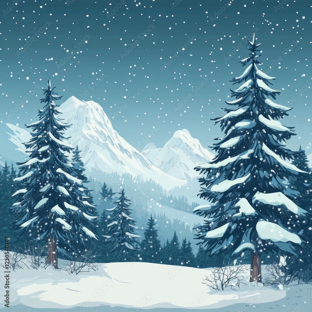 Obraz premium Winter landscape with snowy fir trees and snowflakes. Vector illustration.