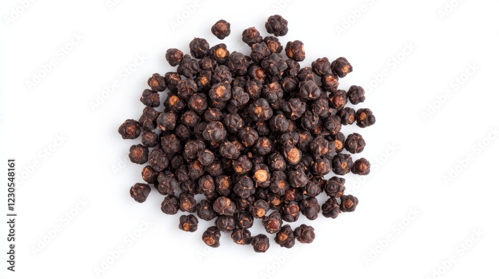 A heap of ripe black mulberries displayed against a white background from a top-down perspective A heap of ripe black mulberries displayed against a white background from a top-down perspective