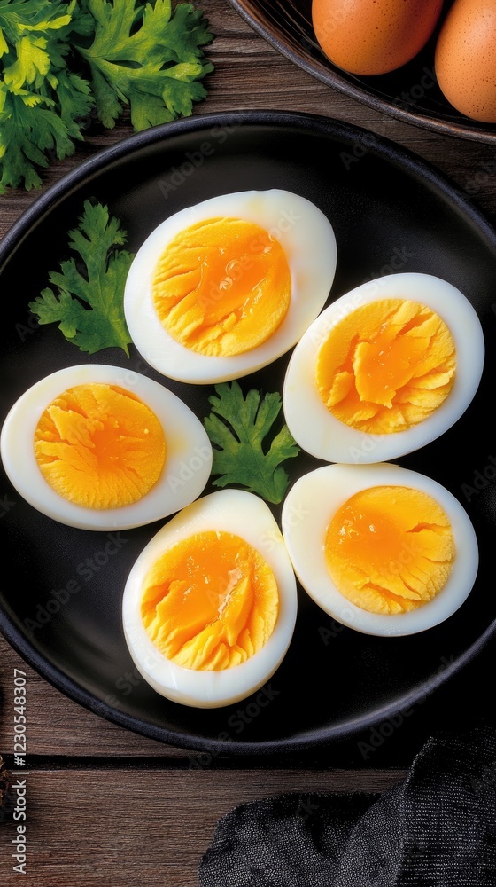 Boiled eggs are neatly arranged in halves on a wooden plate, showcasing their creamy texture from a top-down view in a natural setting. Boiled eggs are neatly arranged in halves on a wooden plate, showcasing their creamy texture from a top-down view in a natural setting.