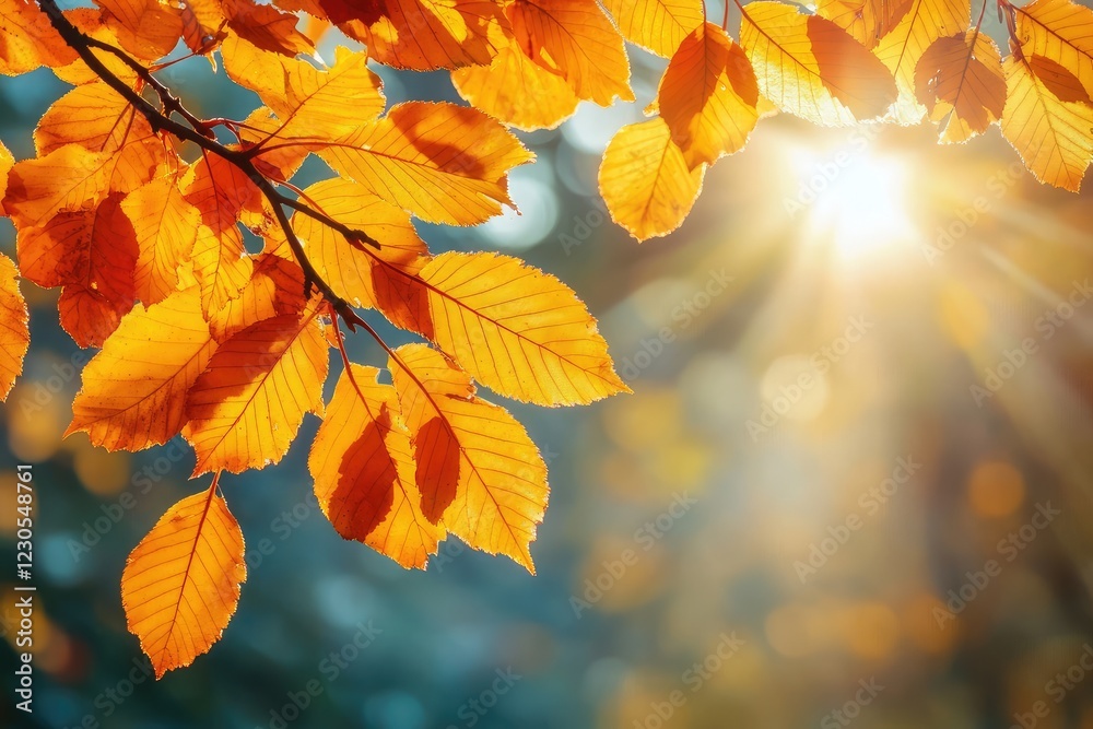 Bright autumn leaves with sunlight streaming through, creating a warm and vibrant forest scene