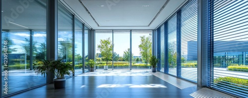 Large glass windows with vertical blinds in a modern building, blending functionality with sleek design