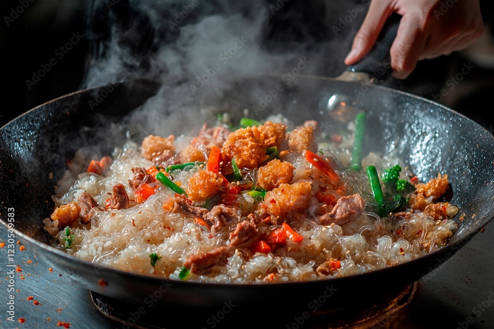 Delightful stir-fry bursts with flavor and steam in a cozy kitchen setting Delightful stir-fry bursts with flavor and steam in a cozy kitchen setting