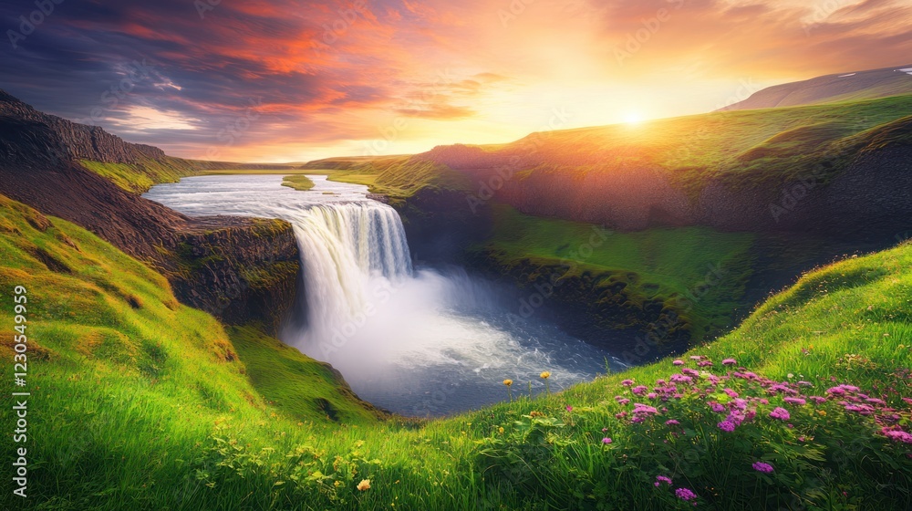 Fototapeta premium Majestic Icelandic waterfall sunset, green hills, travel