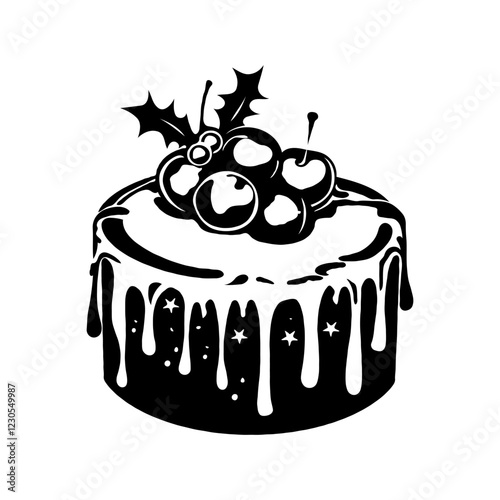 Black and white illustration of a festive Christmas cake adorned with holly leaves and cherries on a white background. Holiday dessert concept