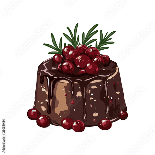 Chocolate Christmas dessert with cranberry topping and rosemary garnish, painted style, on white background, festive food concept