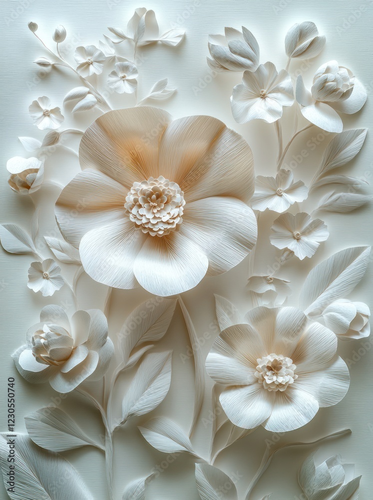 Elegant white paper flowers arrangement, close-up, studio shot, textured background, ideal for wedding invitation design Elegant white paper flowers arrangement, close-up, studio shot, textured background, ideal for wedding invitation design