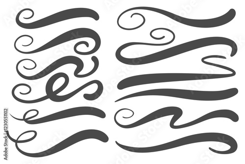 Swoosh vector lines. Hand drawn swirl underlines and squiggles. Doodle brush strokes, calligraphic flourishes and curve elegant highlights for graphic design isolated on white background