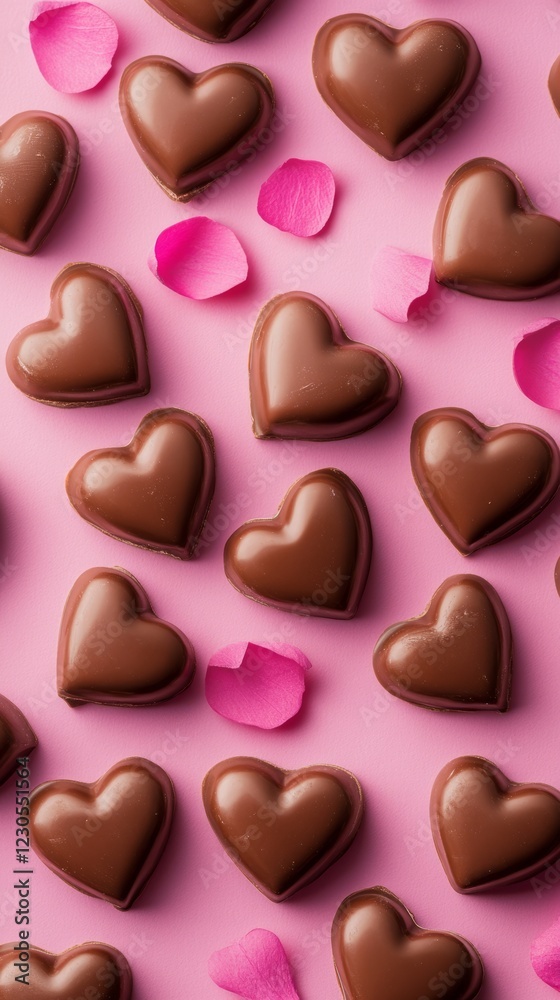 Obraz premium Sweet Chocolate Hearts Scattered On A Pink Background, Surrounded By Rose Petals. Perfect For Valentine'S Day!