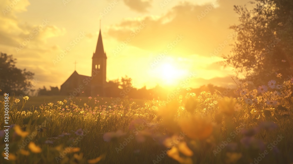Obraz premium Serene Easter Sunrise with Church Steeple and Blooming Wildflowers