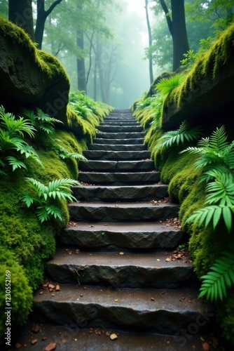 Weathered limestone steps lined with moss and ferns in a misty forest environment, geological formation, mossy photo