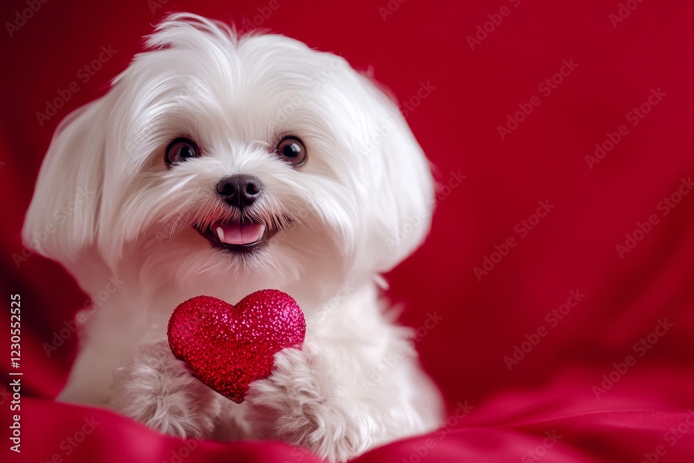 Cute maltese hound with diamond red heart - emblem of love, funny greeting card. Maltese - my treasured dog. Marketing concept art creative design idea. February love concepts. Romantic pets. Cute maltese hound with diamond red heart - emblem of love, funny greeting card. Maltese - my treasured dog. Marketing concept art creative design idea. February love concepts. Romantic pets.