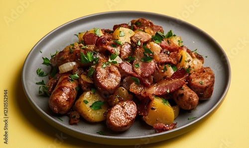 Traditional Irish coddle stew with sausages and potatoes served on a grey plate