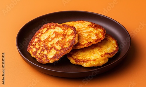 Cachapas served on a dark plate with a warm orange backdrop photo