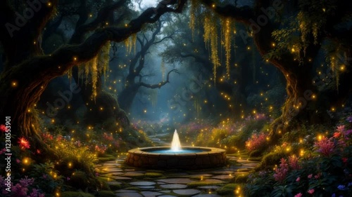 Enchanted Forest Fountain: A Digital Painting of a Mystical Night Scene