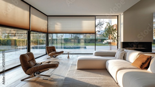 Luxury pleated blinds with a 50mm fold, adding refined sun protection to a modern apartment