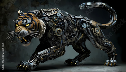 robot tigre feroce costituita cavi elettrici e da ingranaggi meccanici in stile steampunk, Ferocious tiger robot made up of electric cables and mechanical gears in steampunk style photo