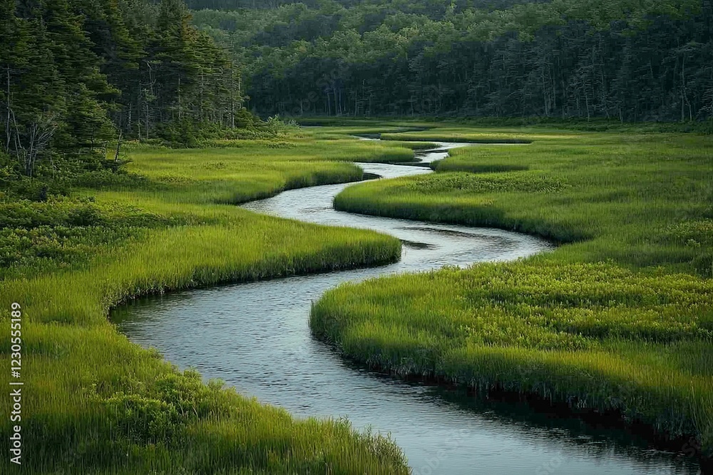 Serene winding river through lush green wetlands in a tranquil landscape during late afternoon