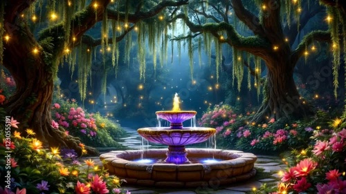 Enchanted Garden Fountain: A Serene Night in a Magical Forest