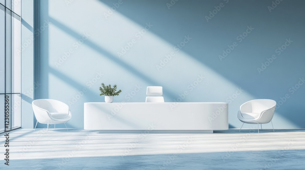 Bright white and blue shadows waiting hall, reception table, white armchairs and multi-colored concrete floor. 3D rendering, front view, mockup Bright white and blue shadows waiting hall, reception table, white armchairs and multi-colored concrete floor. 3D rendering, front view, mockup