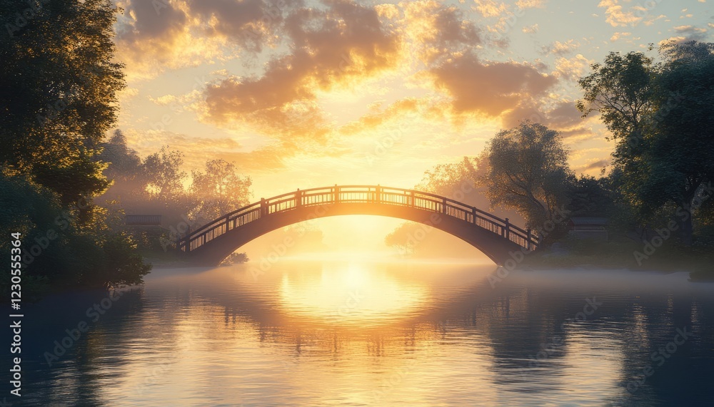Serene sunrise over arched bridge spanning tranquil misty river, surrounded by lush trees. Serene sunrise over arched bridge spanning tranquil misty river, surrounded by lush trees.