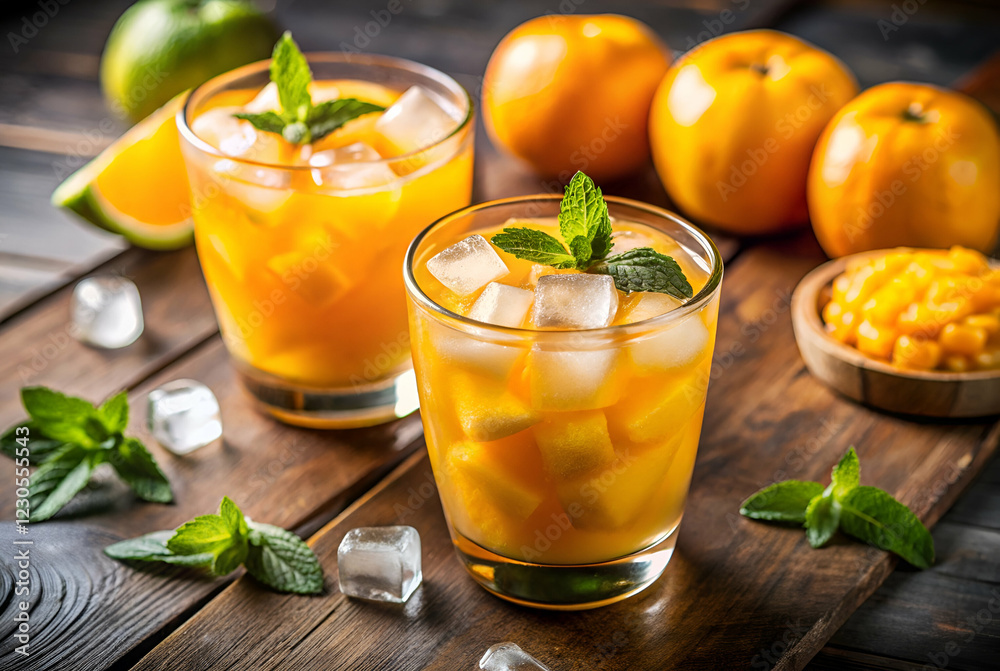 A refreshing tropical drink with orange and mint, served on a wooden table alongside fresh oranges and ice cubes. A refreshing tropical drink with orange and mint, served on a wooden table alongside fresh oranges and ice cubes.