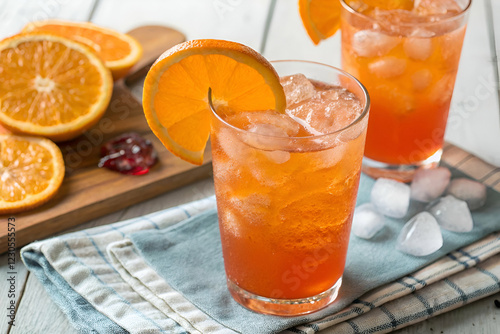 Refreshing orange drinks served with ice, garnished with citrus slices. Perfect for a summer gathering or a casual hangout.