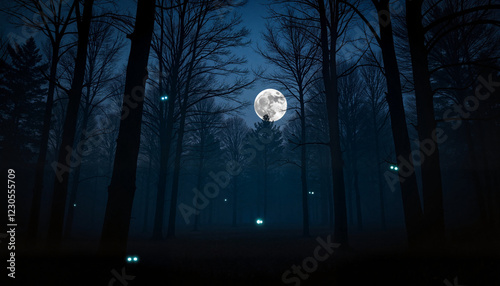 Photos Glowing eyes of shadow creatures in dark forest, mysterious atmosphere