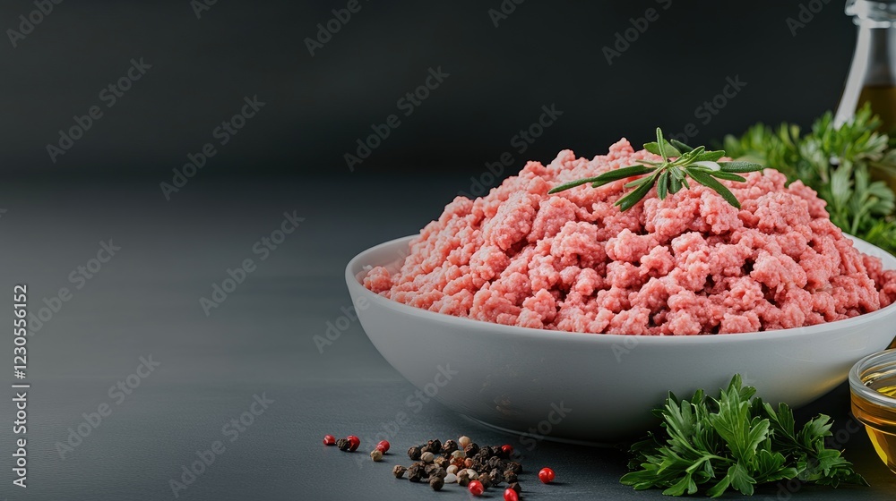 Raw ground meat is arranged with spices and oil in a bowl, showcasing preparation for a flavorful meal on a dark surface Raw ground meat is arranged with spices and oil in a bowl, showcasing preparation for a flavorful meal on a dark surface