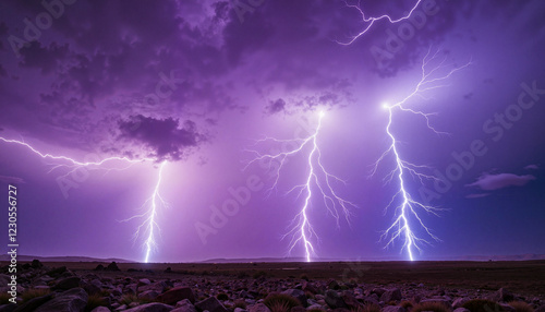 Canvas Print Glowing lightning strikes over rocky alien landscape, cosmic storm