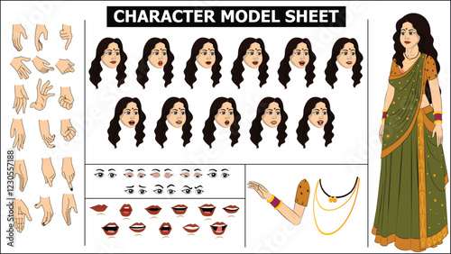 Indian Girl, woman, old woman Character Design Model Sheet with walk cycle animation. Girl Character design. eyes blink with eye brows expressions and lip sync. Hands poses ready to use for animation.