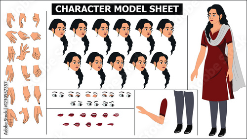 Indian Girl, woman, old woman Character Design Model Sheet with walk cycle animation. Girl Character design. eyes blink with eye brows expressions and lip sync. Hands poses ready to use for animation.