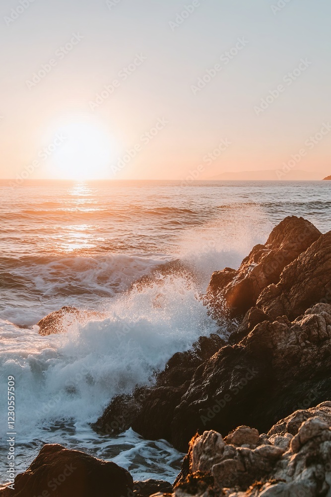 Captivating view of a sunset over a rocky coastline with waves crashing, creating a serene and dramatic ocean landscape. Captivating view of a sunset over a rocky coastline with waves crashing, creating a serene and dramatic ocean landscape.