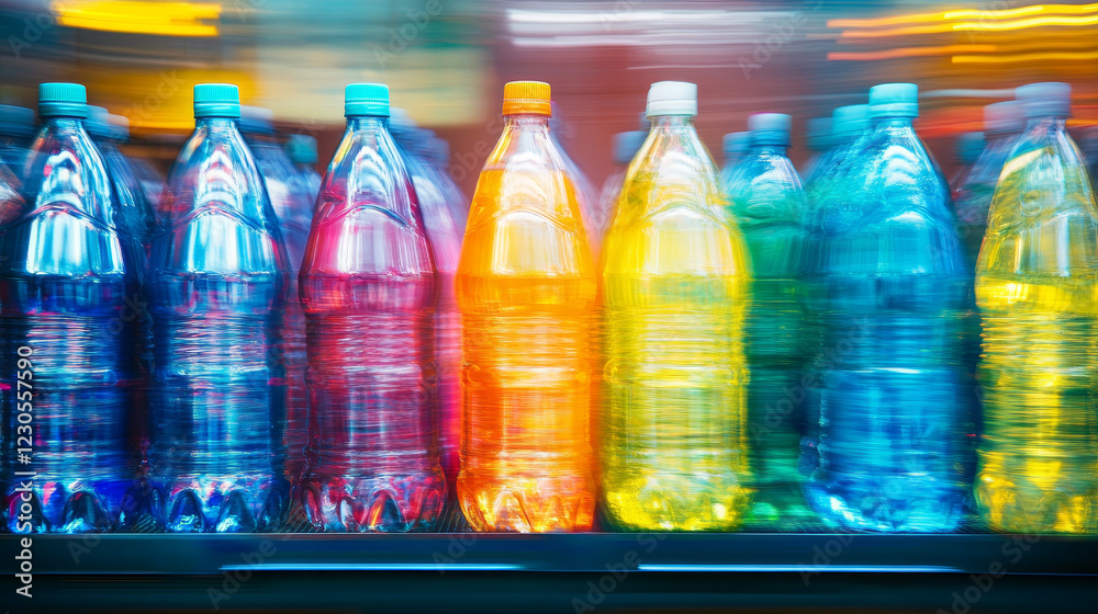 Motion-blurred water bottles swiftly moving in a row along the production line at a mineral water factory, queuing for labeling and packaging at the finishing stage. Motion-blurred water bottles swiftly moving in a row along the production line at a mineral water factory, queuing for labeling and packaging at the finishing stage.