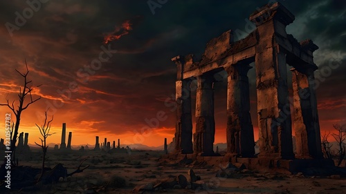 Blood Sky Apocalypse. Apocalyptic view of city ruins.

