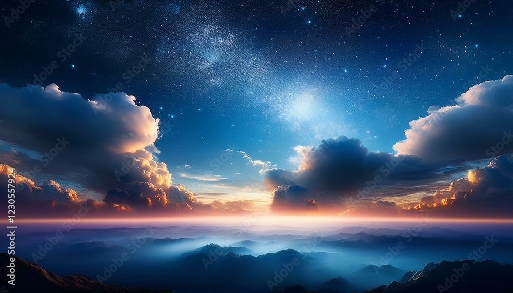 celestial clouds illuminated by ethereal light in a vast cosmic expanse during a tranquil night sky