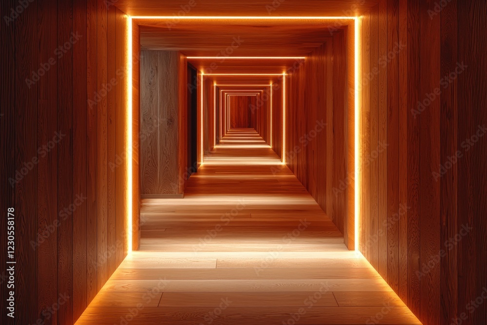 Minimalist wooden hallway with recessed lighting, creating a warm and inviting path Minimalist wooden hallway with recessed lighting, creating a warm and inviting path