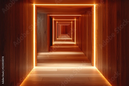 Minimalist wooden hallway with recessed lighting, creating a warm and inviting path