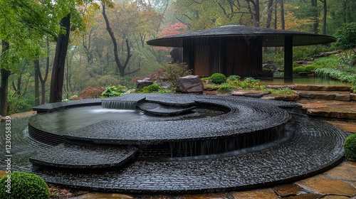 Serene Waterfall Garden Design Featuring Modern Pavilion photo