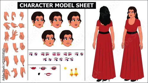 Indian Girl, woman, old woman Character Design Model Sheet with walk cycle animation. Girl Character design. eyes blink with eye brows expressions and lip sync. Hands poses ready to use for animation.