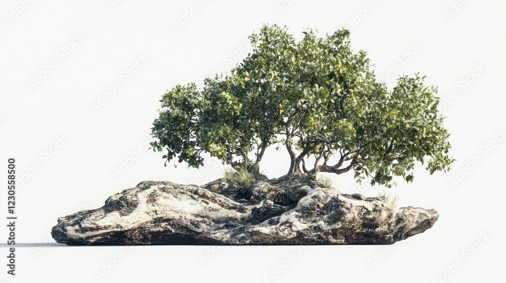 Small tree on rock, isolated, white background, nature, environment Small tree on rock, isolated, white background, nature, environment