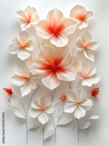 Paper flowers art, orange and white blossoms, studio shot, white background, for home decor