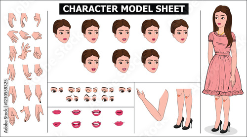 Indian Girl, woman, old woman Character Design Model Sheet with walk cycle animation. Girl Character design. eyes blink with eye brows expressions and lip sync. Hands poses ready to use for animation.
